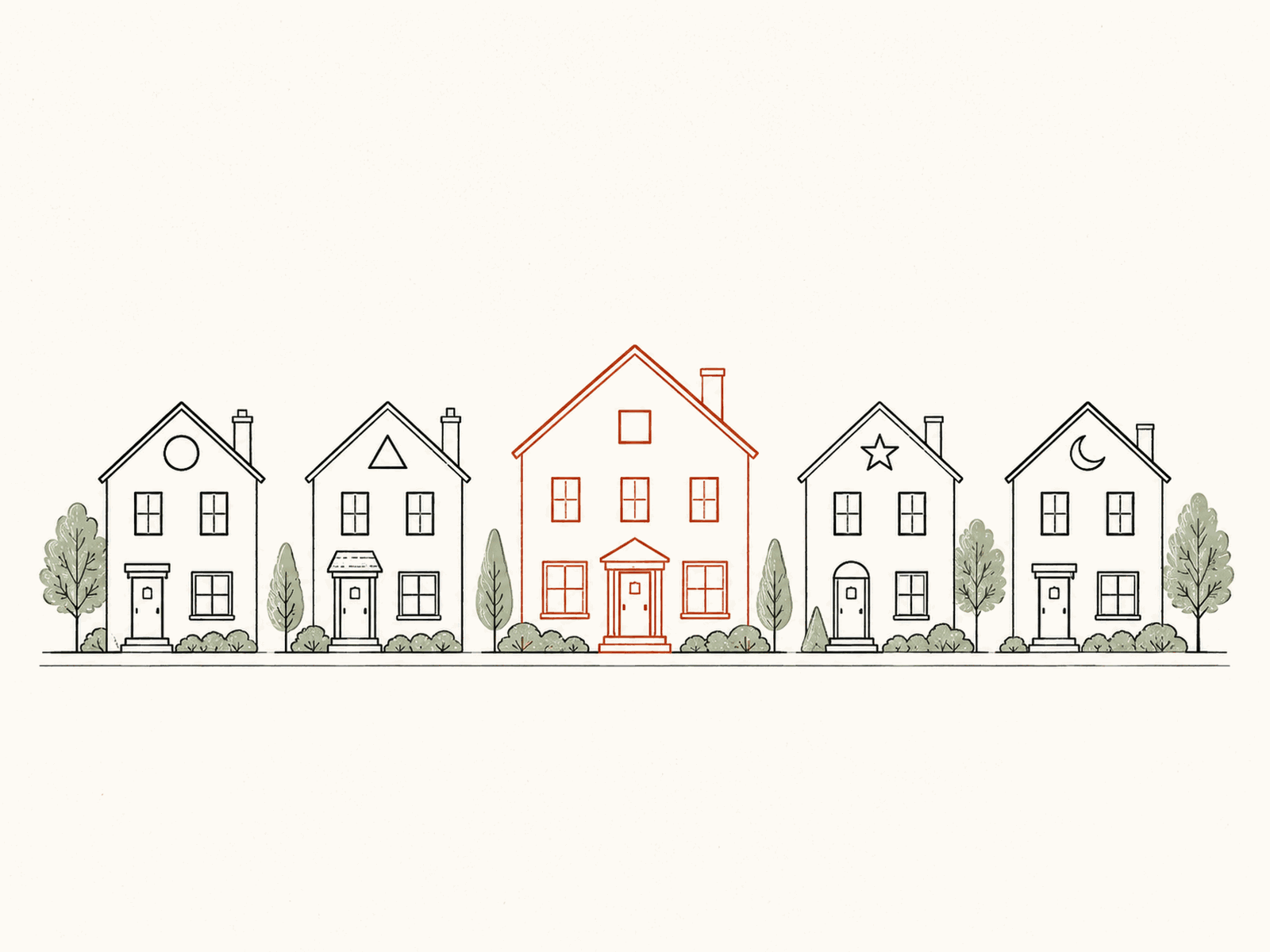 Cinco casas en una calle, cada una con un emblema distinto; una destacada.